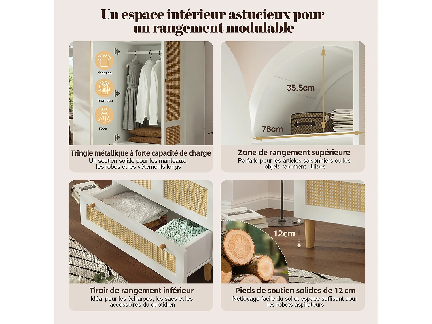 Guarda-roupa de 2 portas com cabideiro, 1 gaveta e portas arqueadas com efeito de rattan - MDF - 80 x 50 x 180 cm - Branco