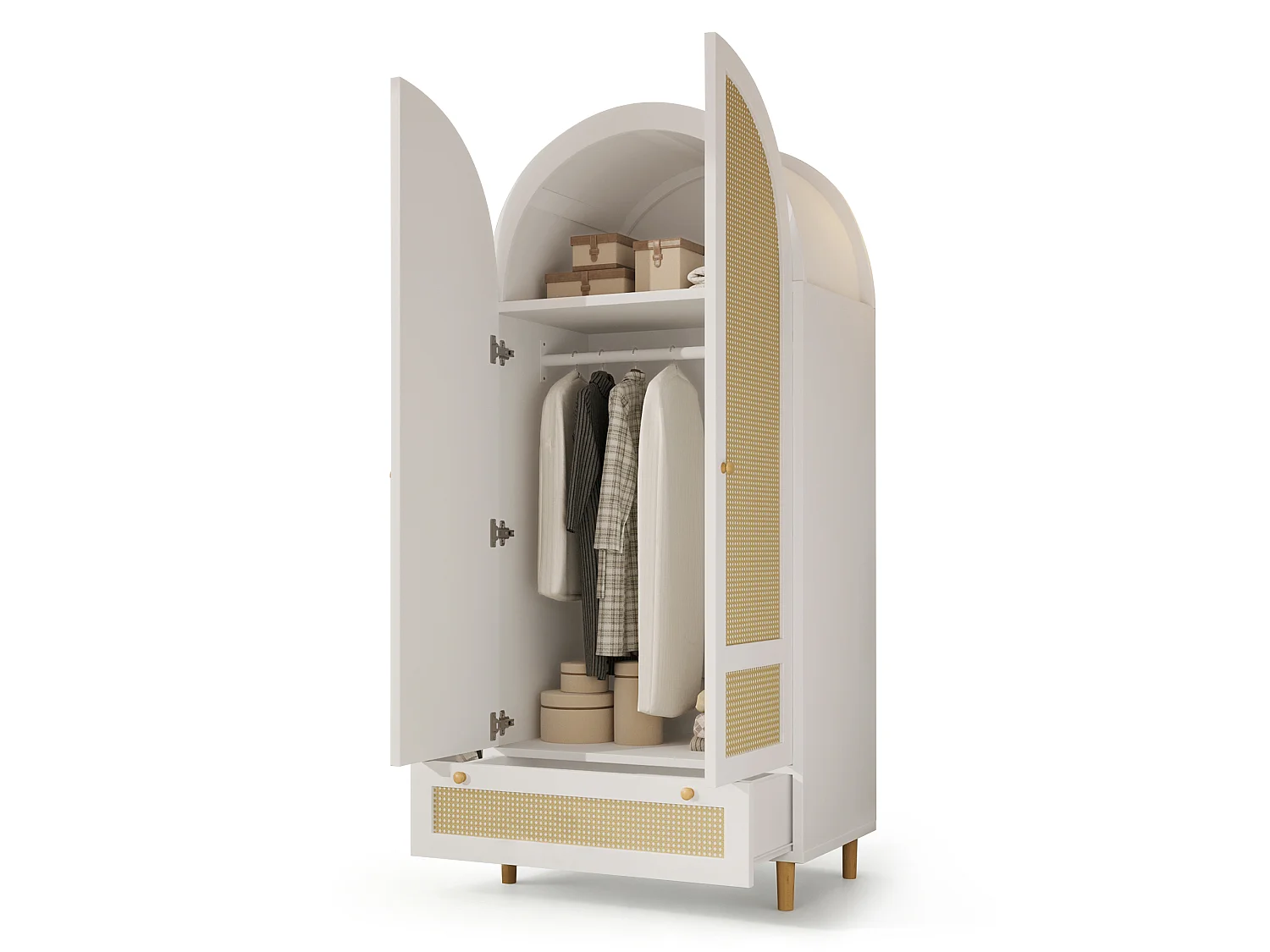 Guarda-roupa de 2 portas com cabideiro, 1 gaveta e portas arqueadas com efeito de rattan - MDF - 80 x 50 x 180 cm - Branco