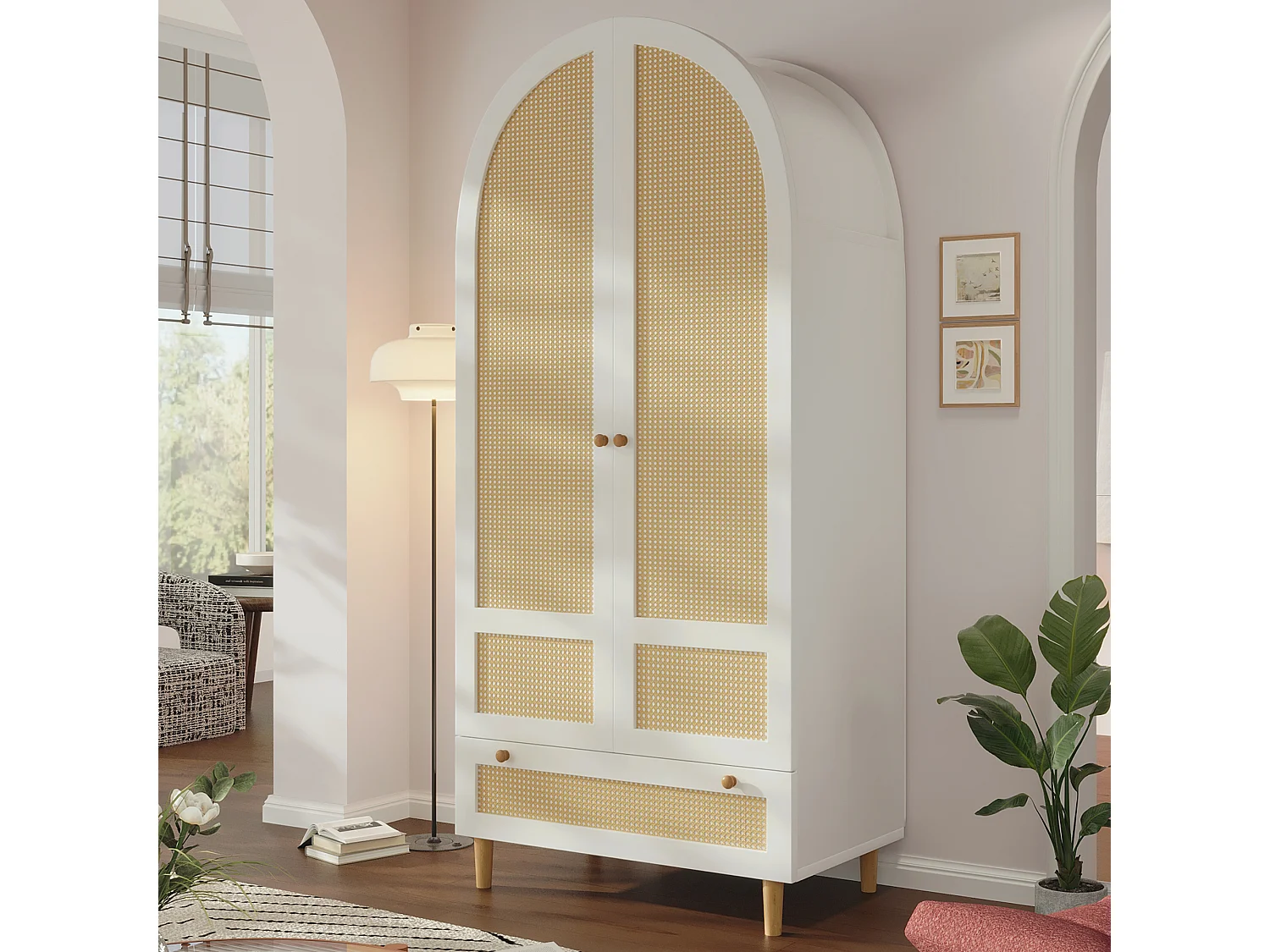 Guarda-roupa de 2 portas com cabideiro, 1 gaveta e portas arqueadas com efeito de rattan - MDF - 80 x 50 x 180 cm - Branco