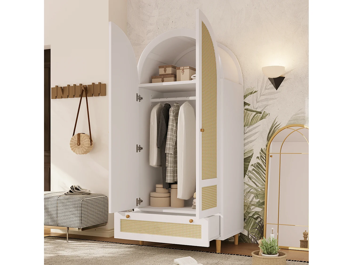 Guarda-roupa de 2 portas com cabideiro, 1 gaveta e portas arqueadas com efeito de rattan - MDF - 80 x 50 x 180 cm - Branco