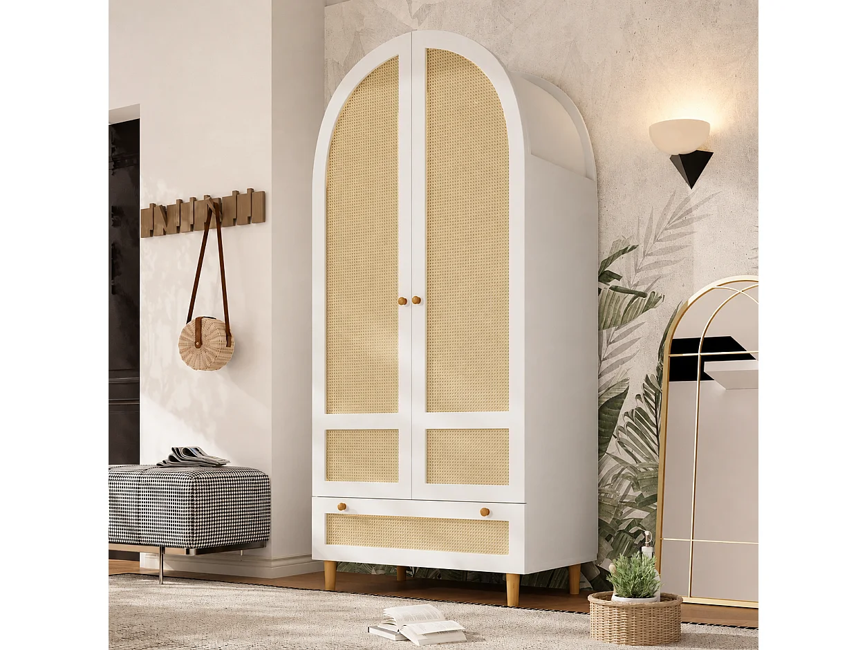 Guarda-roupa de 2 portas com cabideiro, 1 gaveta e portas arqueadas com efeito de rattan - MDF - 80 x 50 x 180 cm - Branco