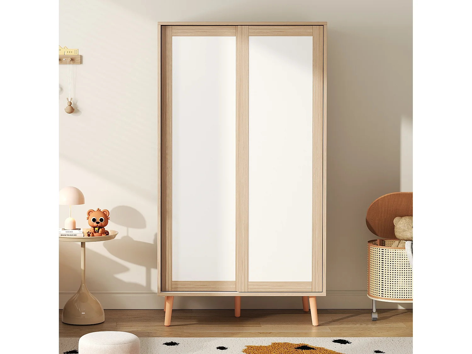 Børnegarderobe med 2 skydedøre, bøjlestang og hylder - MDF - 80 x 46 x 141,5 cm - Hvid og naturtræ