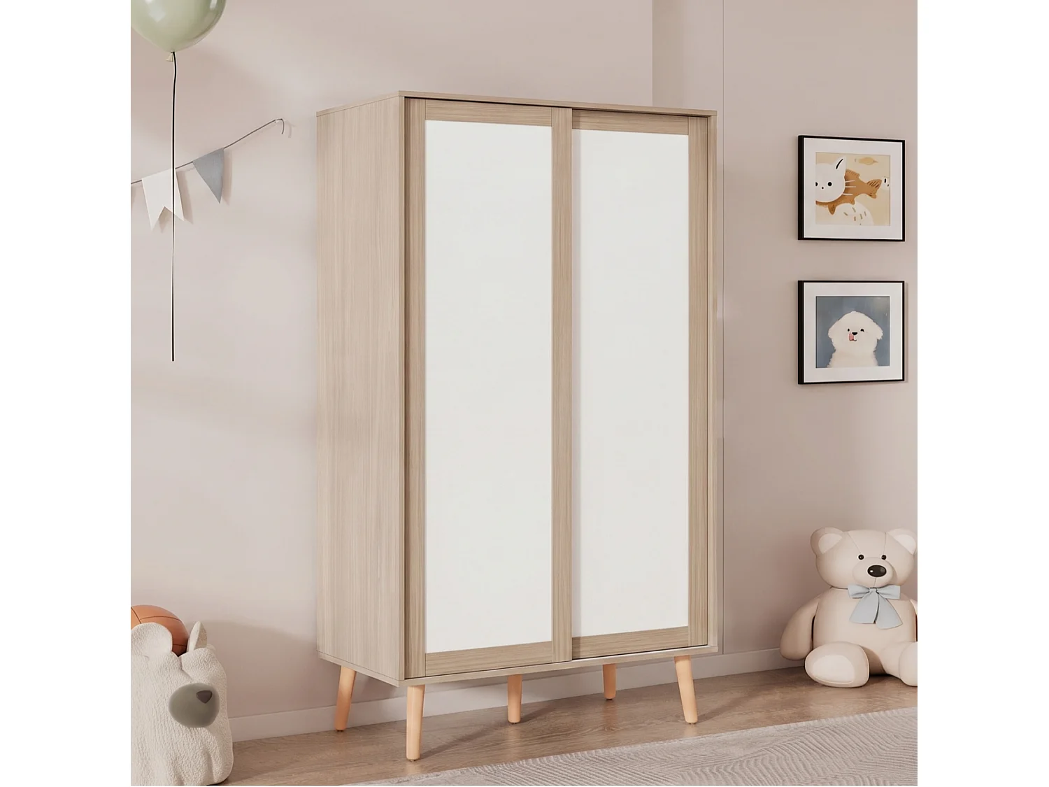 Børnegarderobe med 2 skydedøre, bøjlestang og hylder - MDF - 80 x 46 x 141,5 cm - Hvid og naturtræ