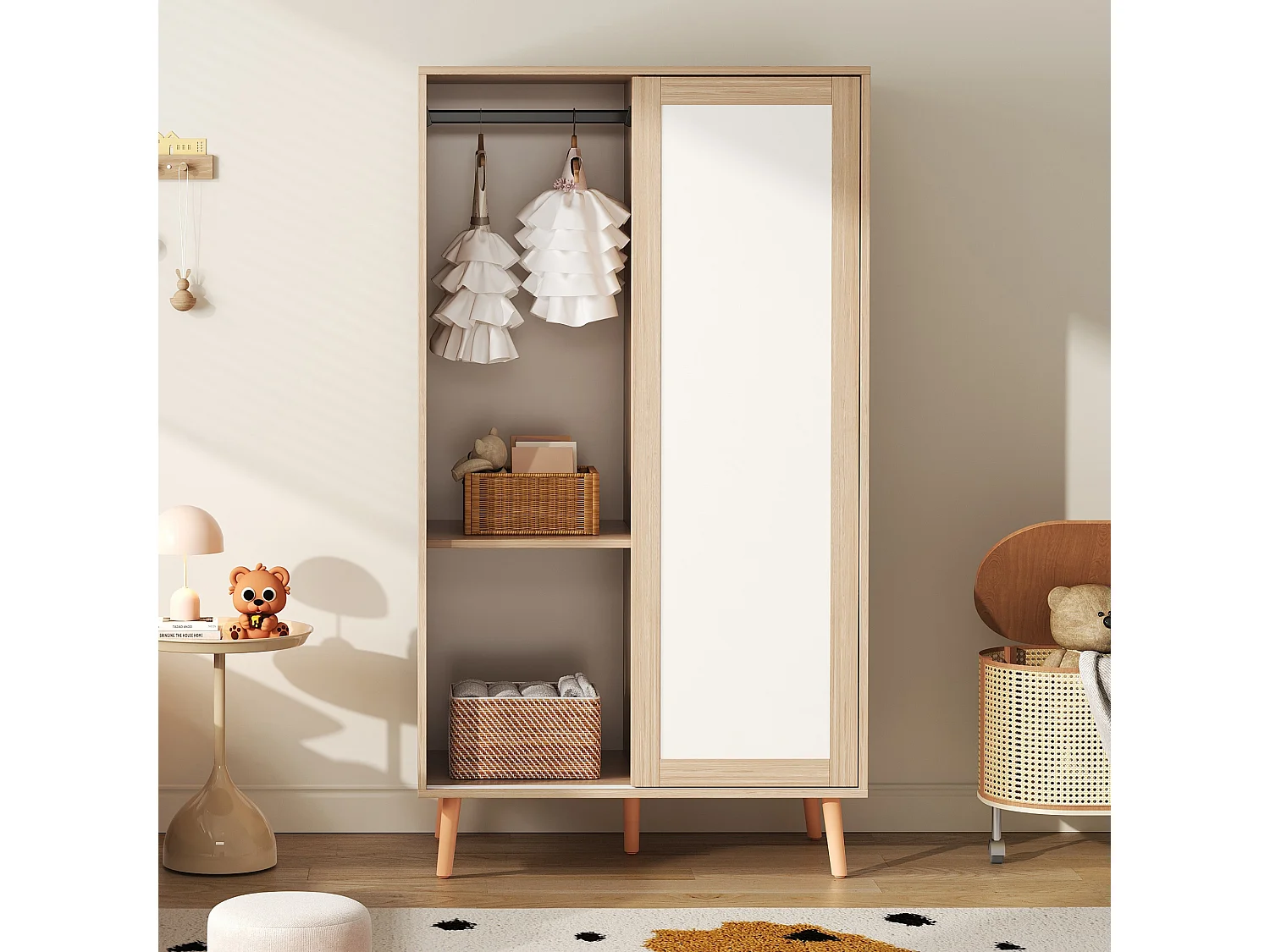 Børnegarderobe med 2 skydedøre, bøjlestang og hylder - MDF - 80 x 46 x 141,5 cm - Hvid og naturtræ