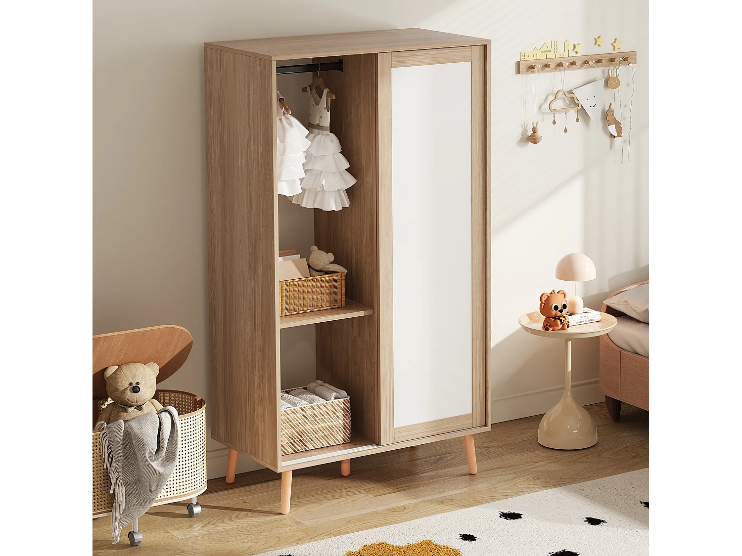 Børnegarderobe med 2 skydedøre, bøjlestang og hylder - MDF - 80 x 46 x 141,5 cm - Hvid og naturtræ