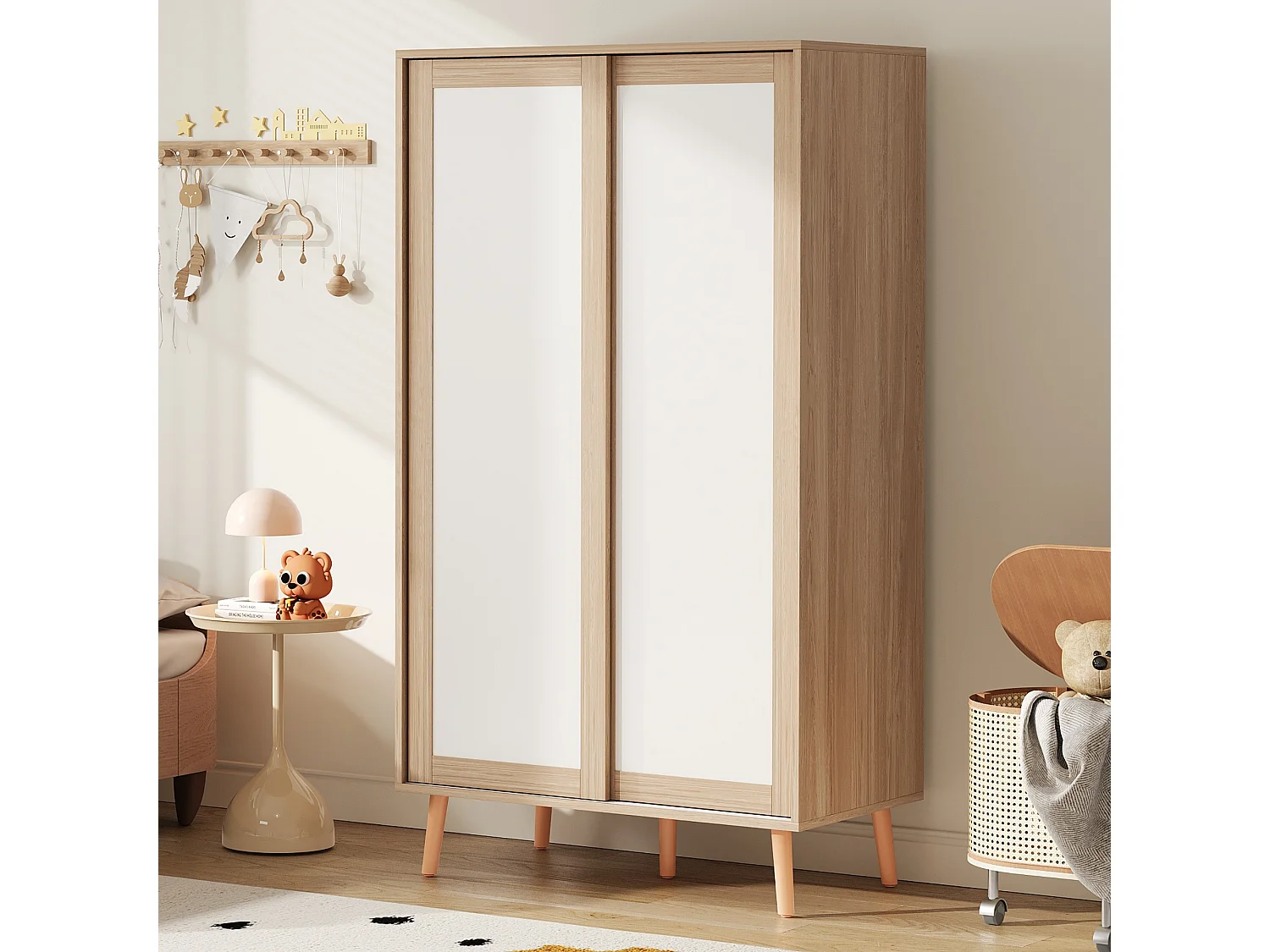 Børnegarderobe med 2 skydedøre, bøjlestang og hylder - MDF - 80 x 46 x 141,5 cm - Hvid og naturtræ