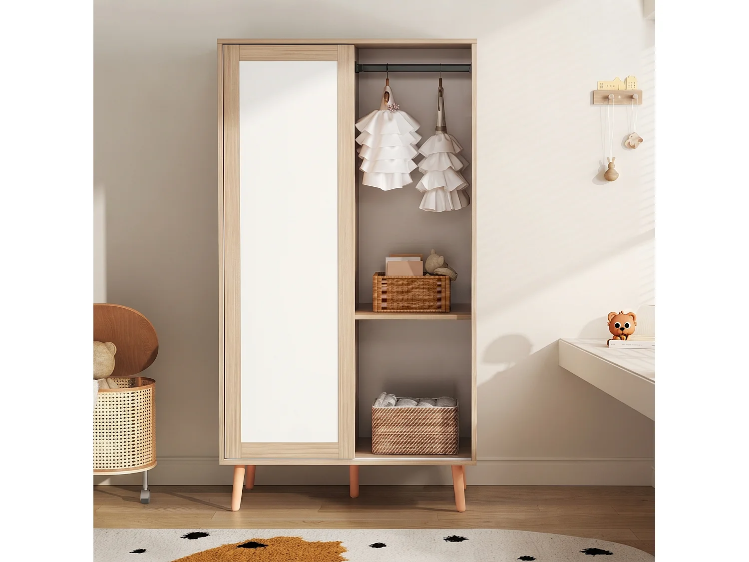Børnegarderobe med 2 skydedøre, bøjlestang og hylder - MDF - 80 x 46 x 141,5 cm - Hvid og naturtræ