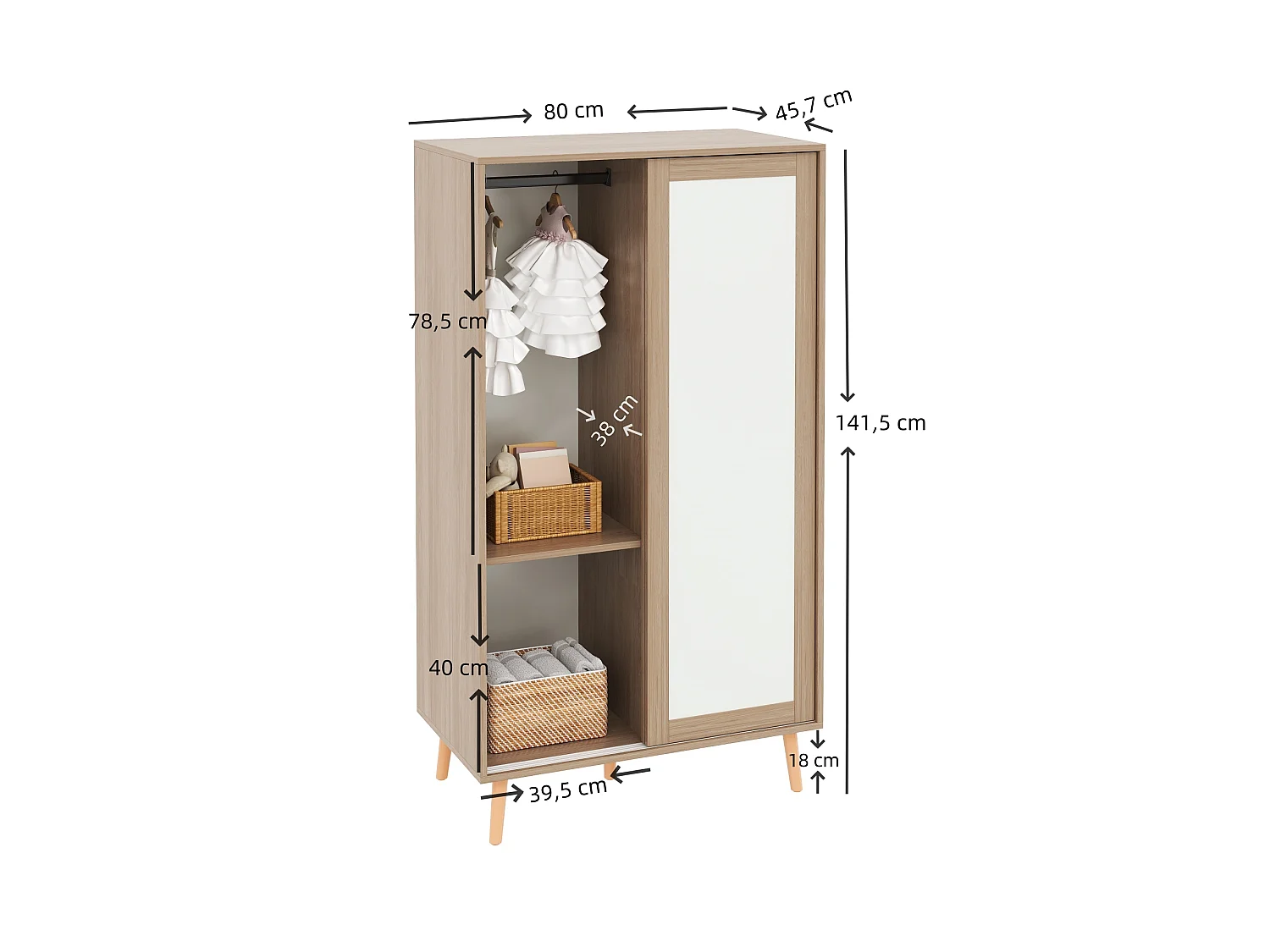 Børnegarderobe med 2 skydedøre, bøjlestang og hylder - MDF - 80 x 46 x 141,5 cm - Hvid og naturtræ