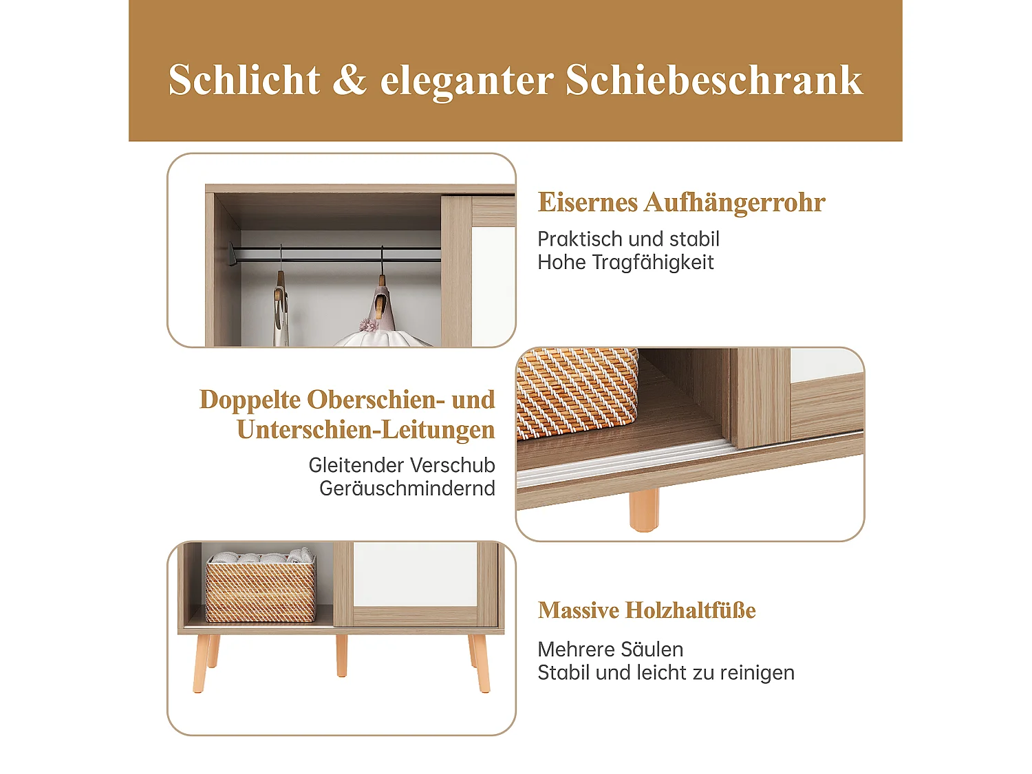 Børnegarderobe med 2 skydedøre, bøjlestang og hylder - MDF - 80 x 46 x 141,5 cm - Hvid og naturtræ
