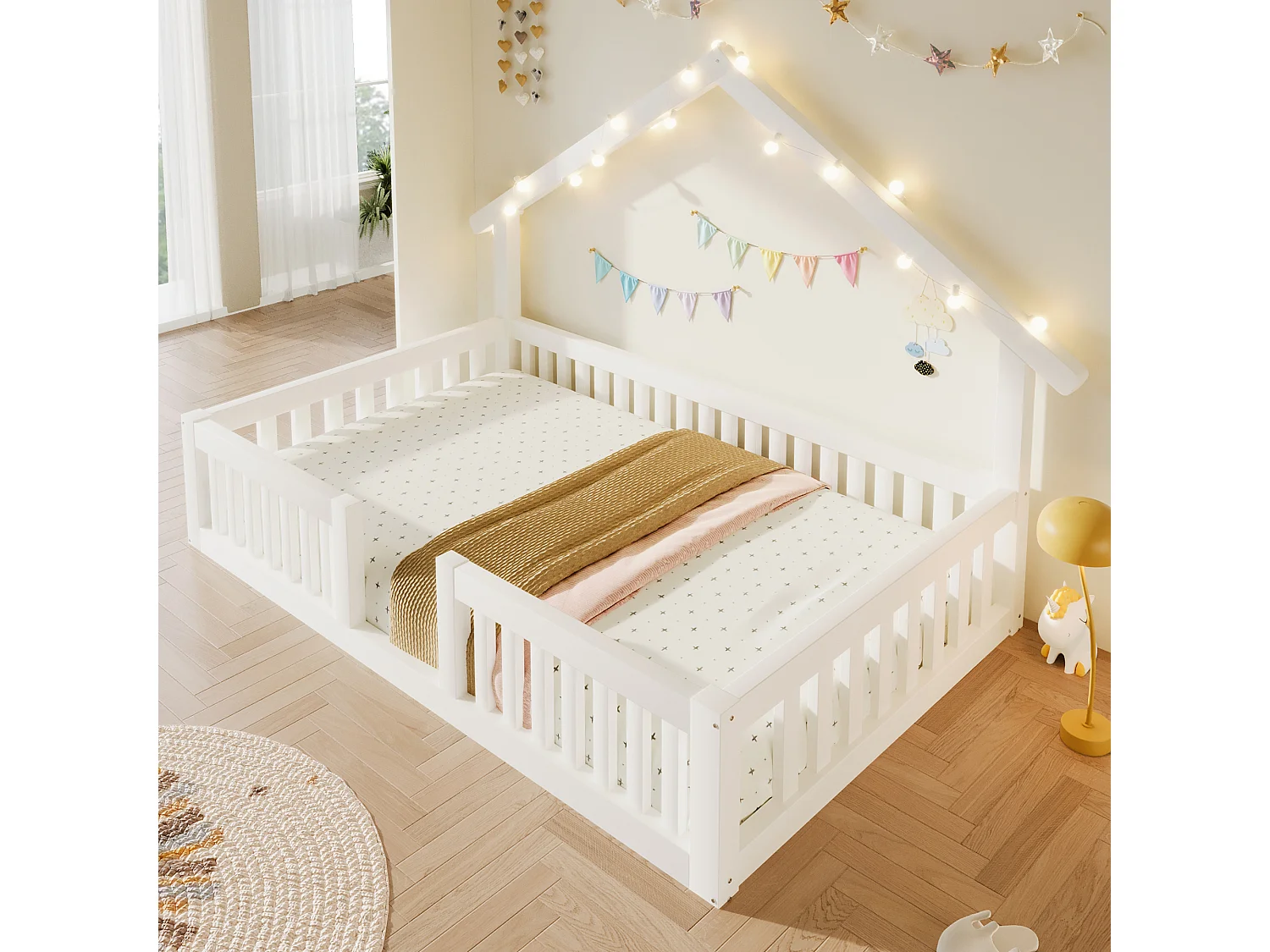 Letto a castello 90 x 200 cm con sponde di sicurezza e luci a LED - MDF + Pino - Bianco (Materasso non incluso)