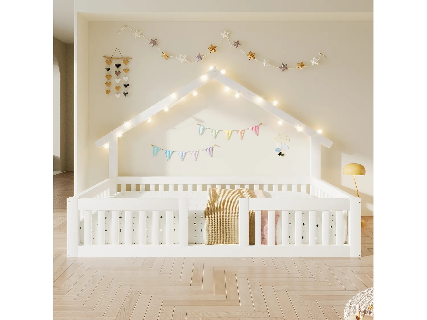 Letto a castello 90 x 200 cm con sponde di sicurezza e luci a LED - MDF + Pino - Bianco (Materasso non incluso)