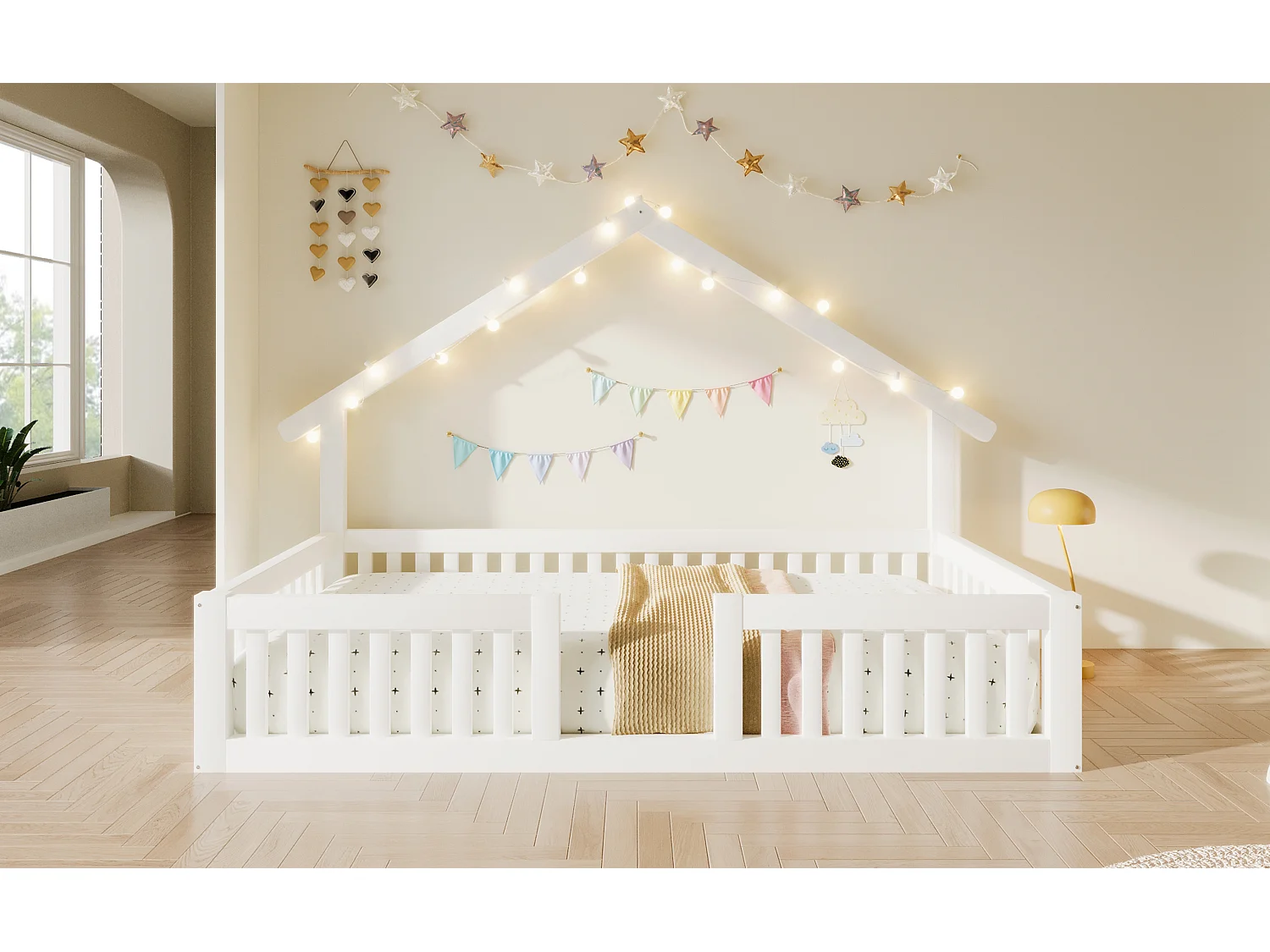 Letto a castello 90 x 200 cm con sponde di sicurezza e luci a LED - MDF + Pino - Bianco (Materasso non incluso)
