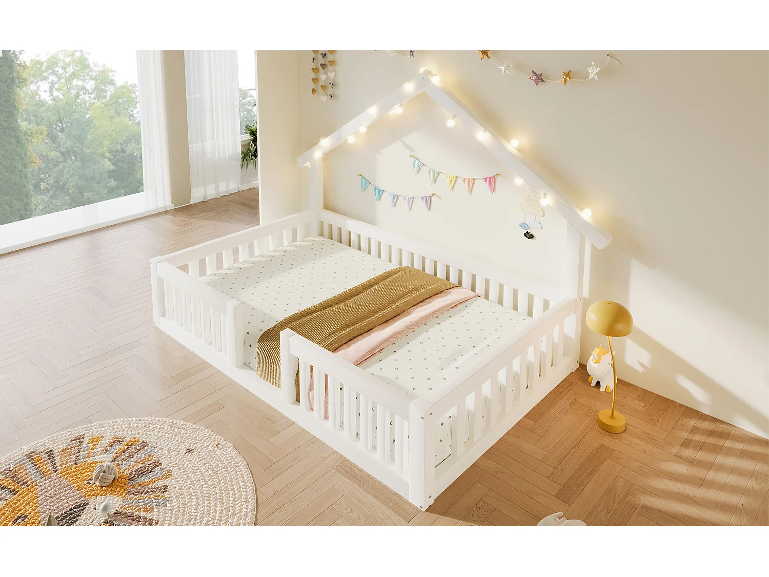 Letto a castello 90 x 200 cm con sponde di sicurezza e luci a LED - MDF + Pino - Bianco (Materasso non incluso)