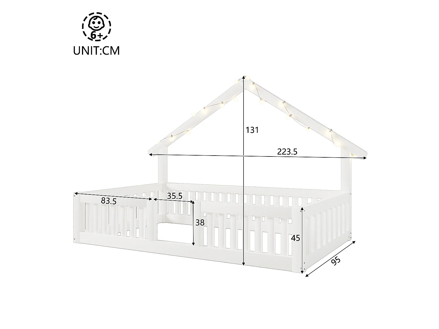 Letto a castello 90 x 200 cm con sponde di sicurezza e luci a LED - MDF + Pino - Bianco (Materasso non incluso)