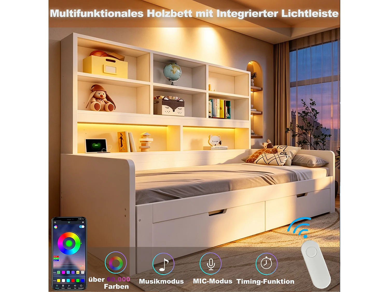 Łóżko wysuwane 90/180 x 200 cm z 2 szufladami, przegródkami, oświetleniem LED i gniazdkami elektrycznymi - MDF - białe (materac nie jest wliczony w cenę)