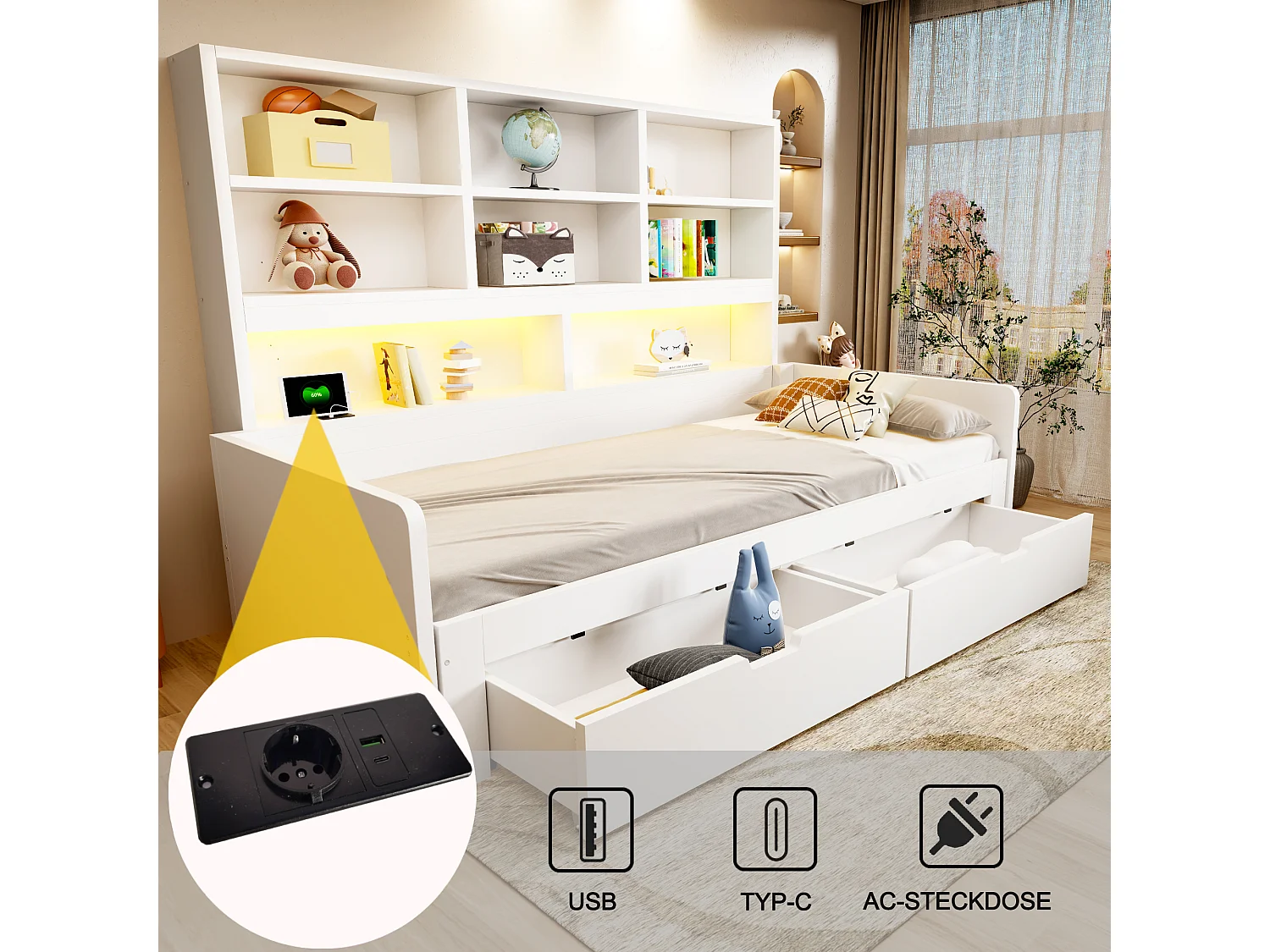 Łóżko wysuwane 90/180 x 200 cm z 2 szufladami, przegródkami, oświetleniem LED i gniazdkami elektrycznymi - MDF - białe (materac nie jest wliczony w cenę)