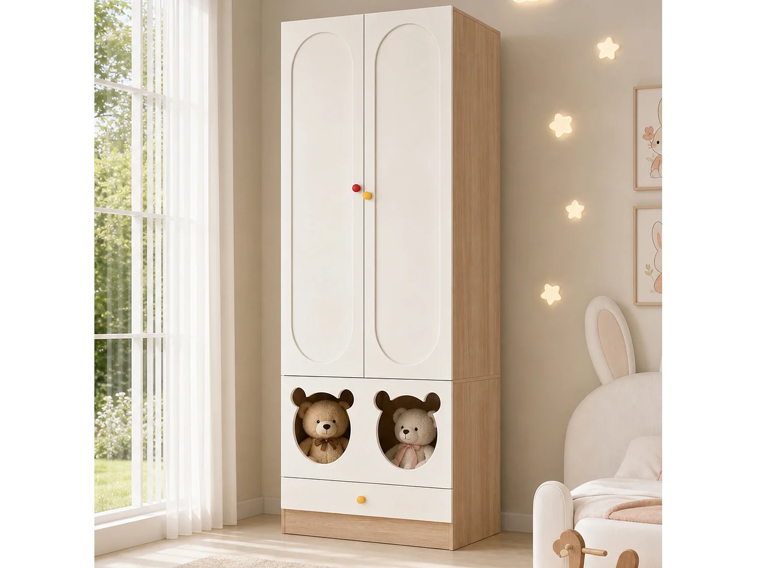 Kleiderschrank mit 2 Türen, Bügelstange und Katzenbett – 80 x 50 x 200 cm – Spanplatten + Keramikgriffe – Weiß + Natur