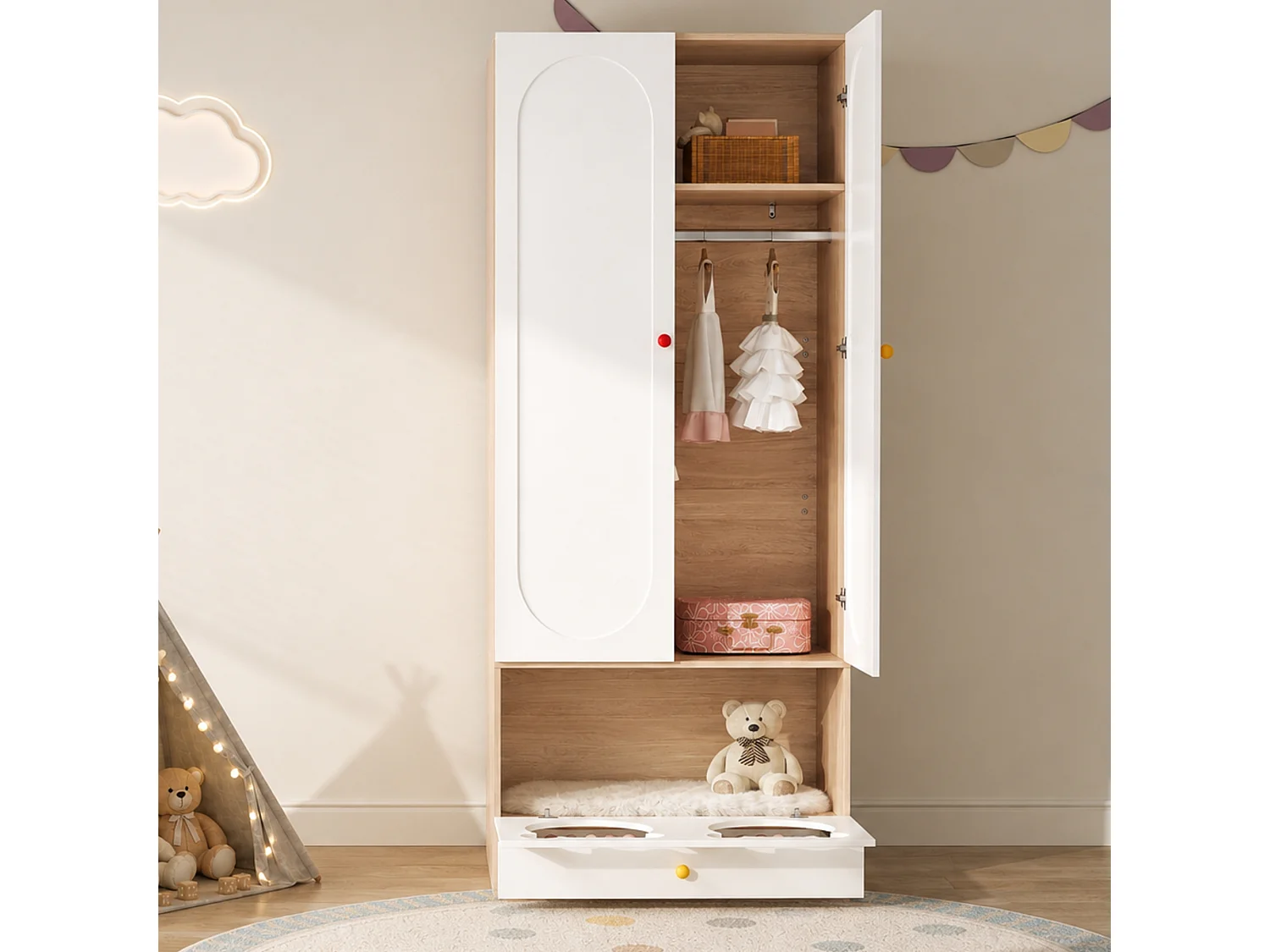 Kleiderschrank mit 2 Türen, Bügelstange und Katzenbett – 80 x 50 x 200 cm – Spanplatten + Keramikgriffe – Weiß + Natur