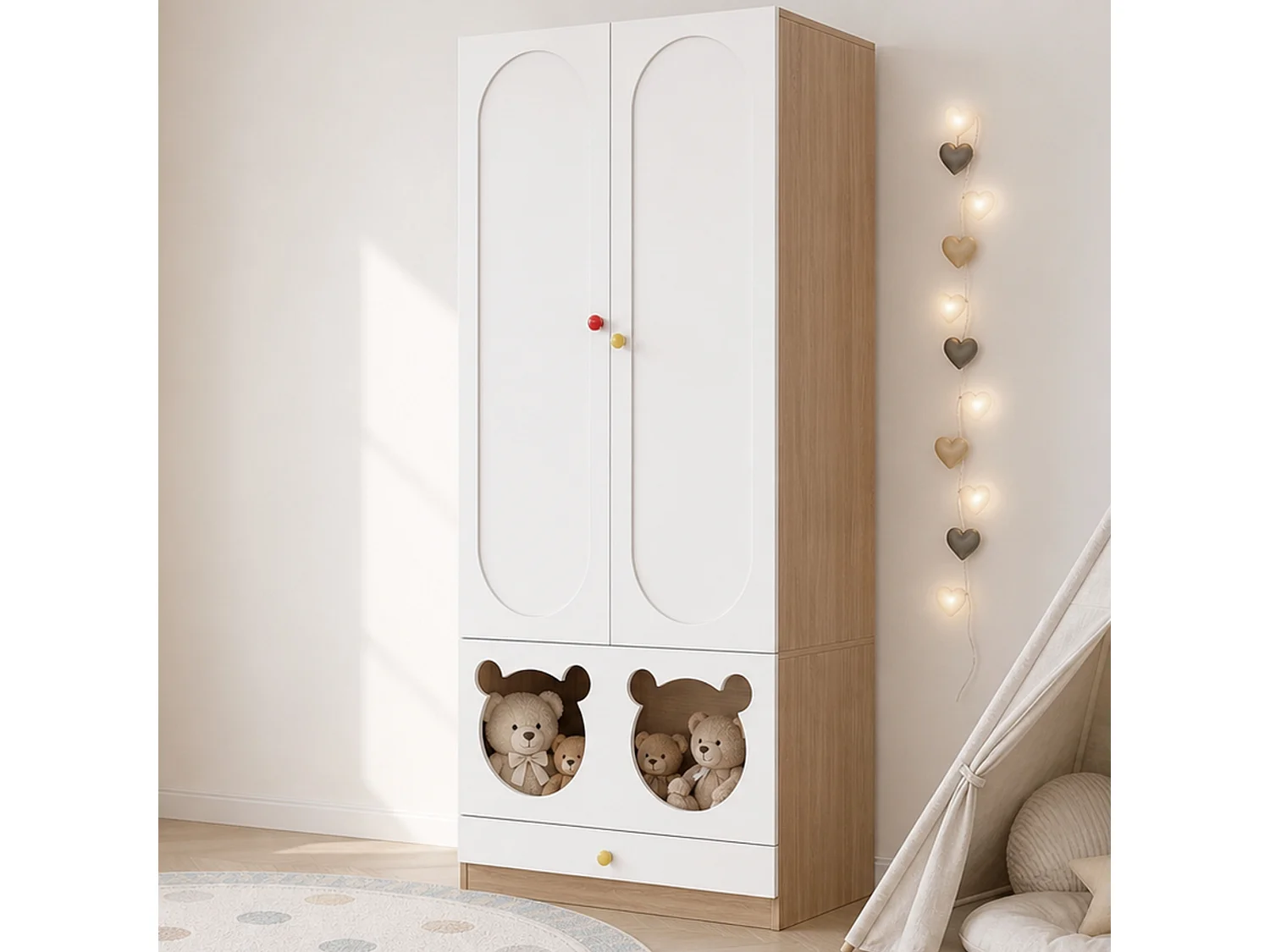 Kleiderschrank mit 2 Türen, Bügelstange und Katzenbett – 80 x 50 x 200 cm – Spanplatten + Keramikgriffe – Weiß + Natur