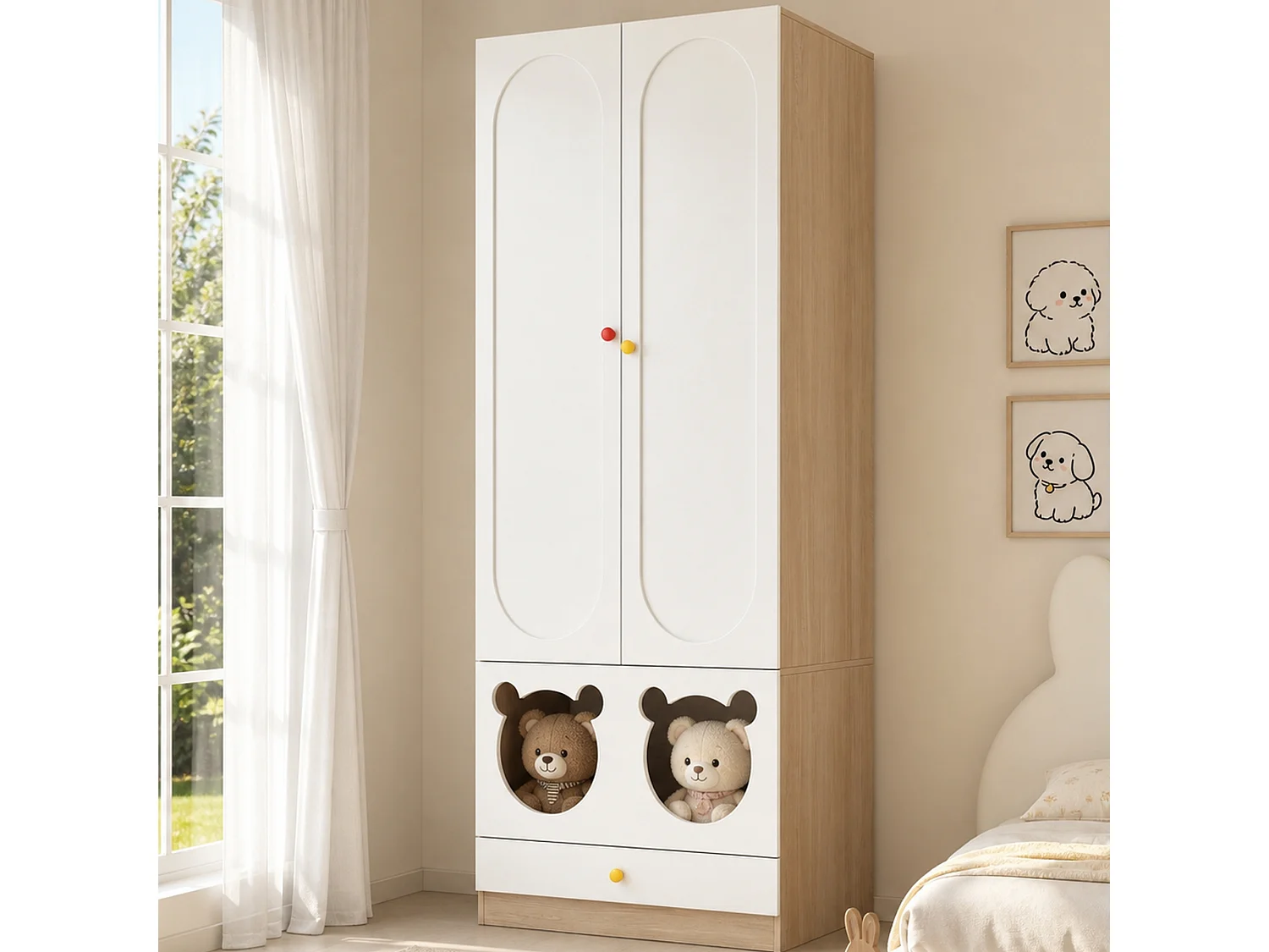 Kleiderschrank mit 2 Türen, Bügelstange und Katzenbett – 80 x 50 x 200 cm – Spanplatten + Keramikgriffe – Weiß + Natur