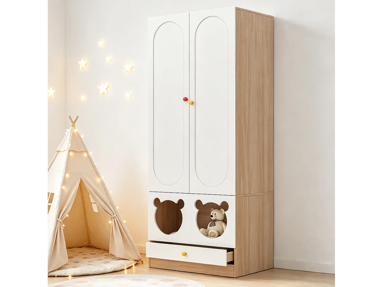 Kleiderschrank mit 2 Türen, Bügelstange und Katzenbett – 80 x 50 x 200 cm – Spanplatten + Keramikgriffe – Weiß + Natur