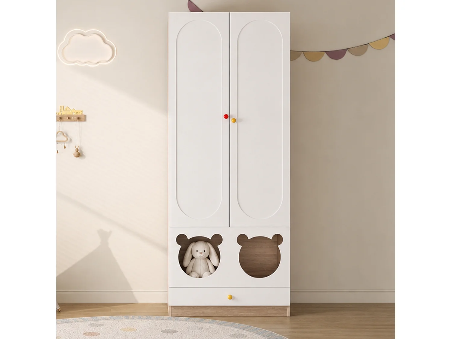 Kleiderschrank mit 2 Türen, Bügelstange und Katzenbett – 80 x 50 x 200 cm – Spanplatten + Keramikgriffe – Weiß + Natur