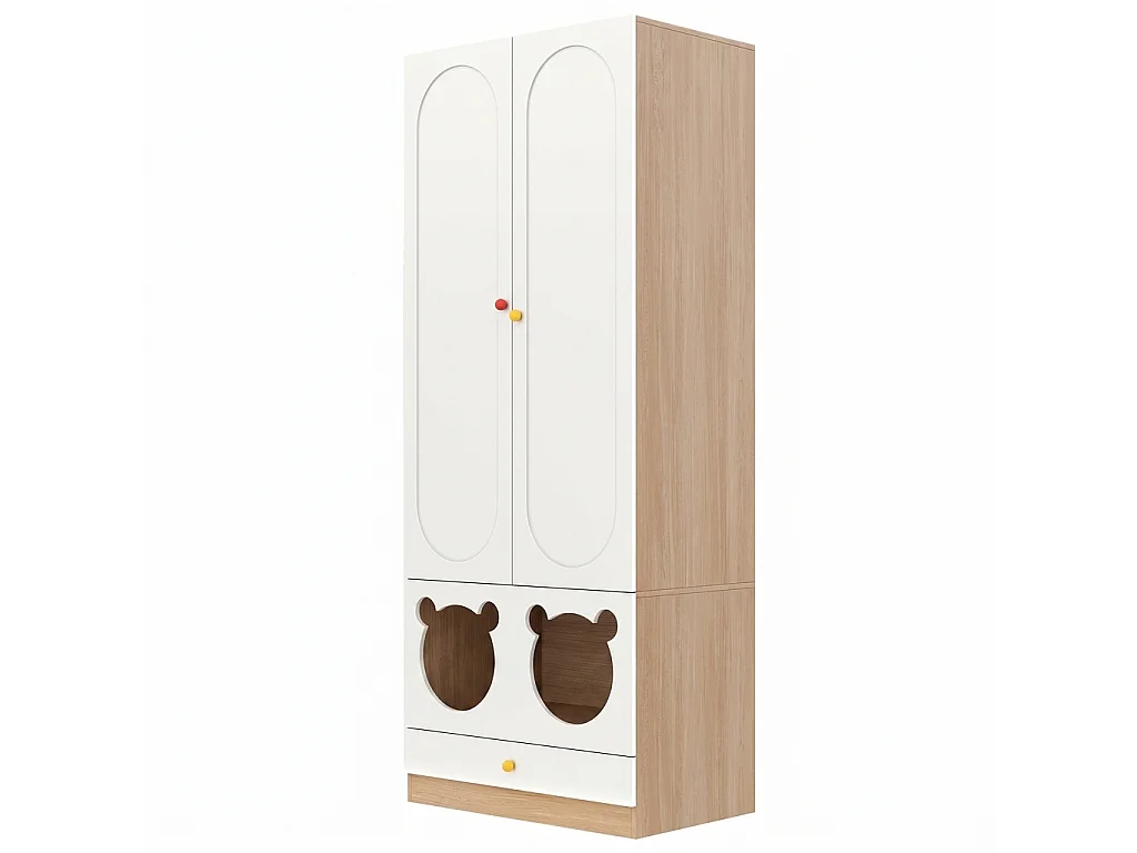 Kleiderschrank mit 2 Türen, Bügelstange und Katzenbett – 80 x 50 x 200 cm – Spanplatten + Keramikgriffe – Weiß + Natur