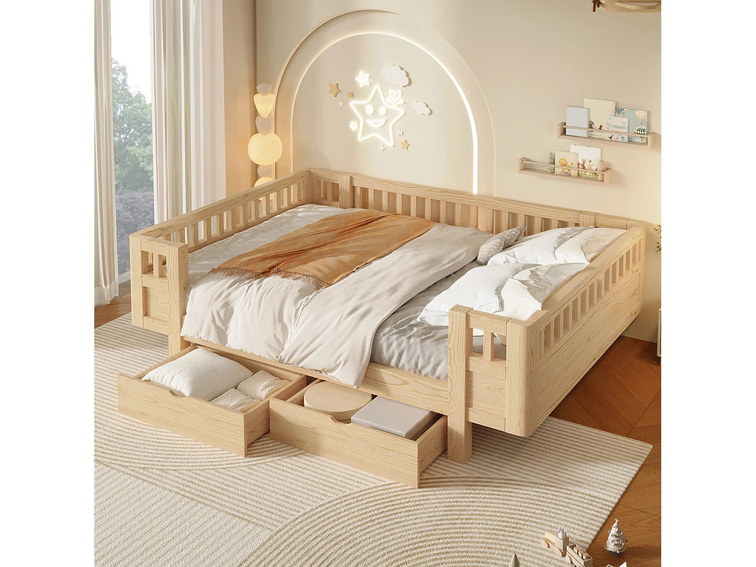 Lit enfant 140 x 200 cm avec barrière de sécurité haute et 2 grands tiroirs - MDF + pin - Bois naturel (Sans matelas)