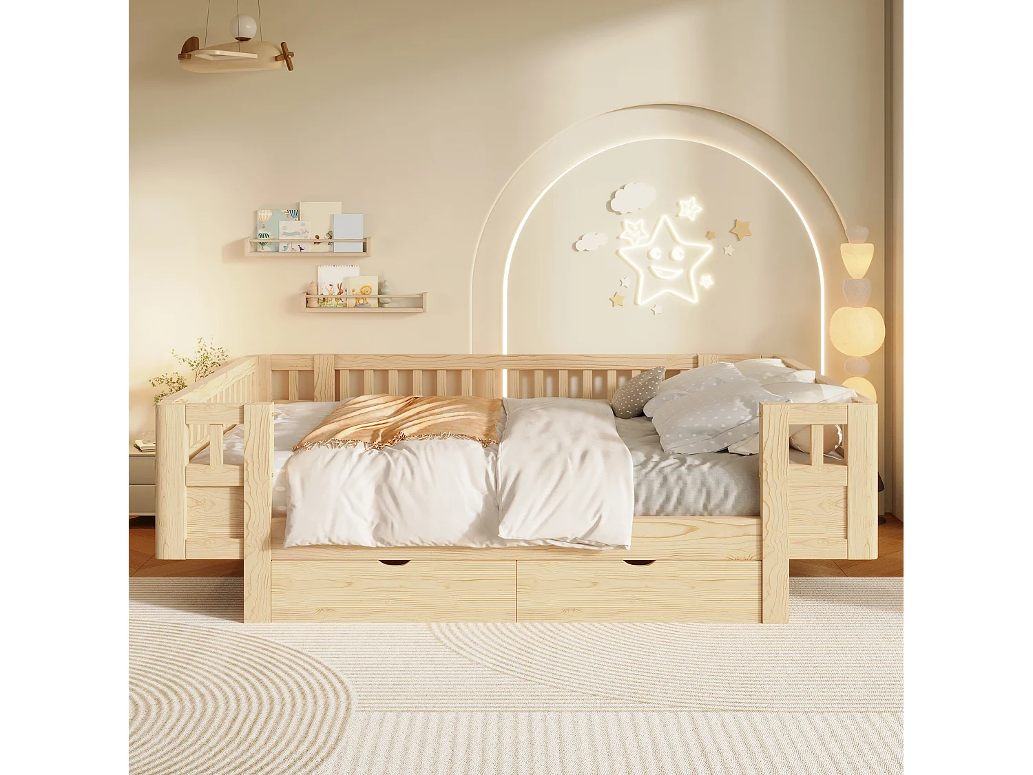 Lit enfant 140 x 200 cm avec barrière de sécurité haute et 2 grands tiroirs - MDF + pin - Bois naturel (Sans matelas)