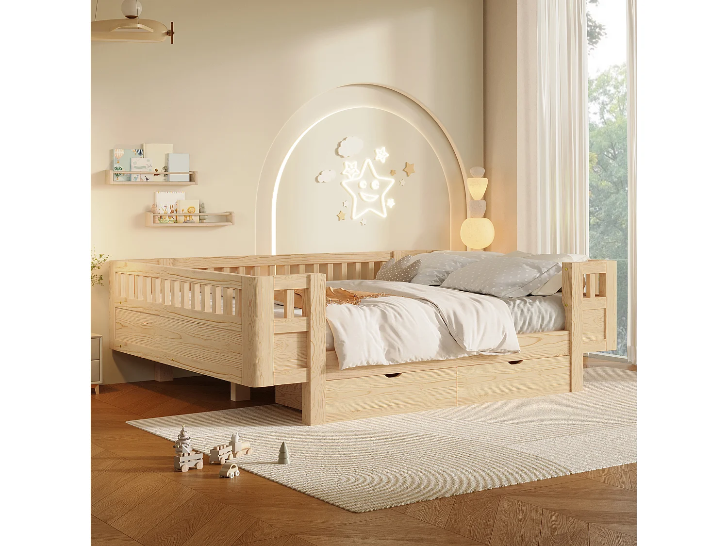 Lit enfant 140 x 200 cm avec barrière de sécurité haute et 2 grands tiroirs - MDF + pin - Bois naturel (Sans matelas)