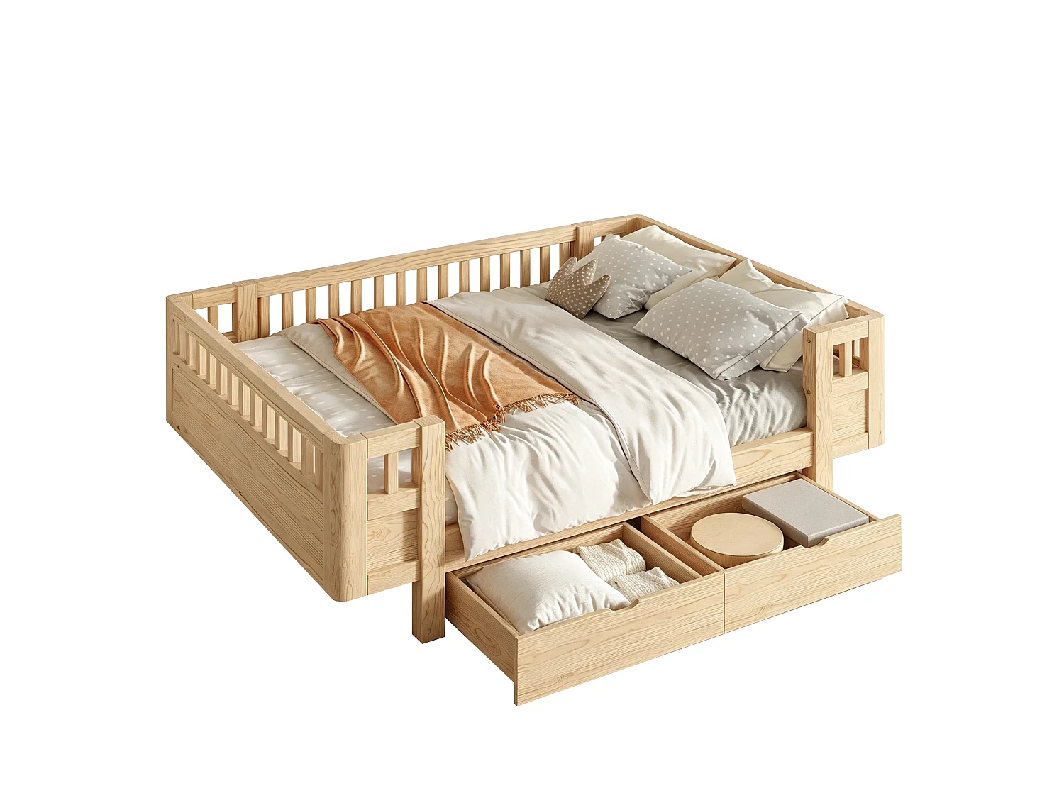 Lit enfant 140 x 200 cm avec barrière de sécurité haute et 2 grands tiroirs - MDF + pin - Bois naturel (Sans matelas)