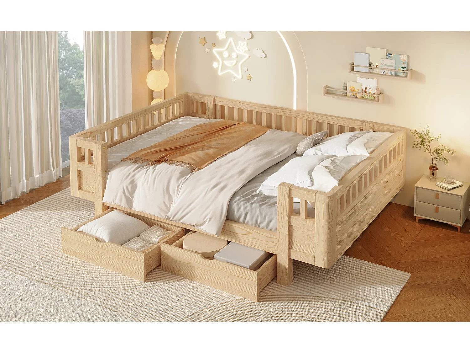 Lit enfant 140 x 200 cm avec barrière de sécurité haute et 2 grands tiroirs - MDF + pin - Bois naturel (Sans matelas)