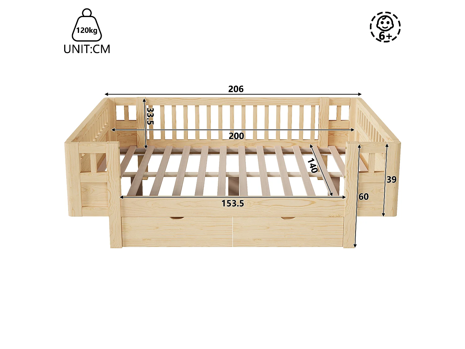 Lit enfant 140 x 200 cm avec barrière de sécurité haute et 2 grands tiroirs - MDF + pin - Bois naturel (Sans matelas)
