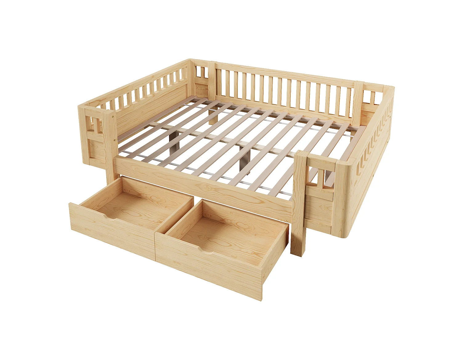 Lit enfant 140 x 200 cm avec barrière de sécurité haute et 2 grands tiroirs - MDF + pin - Bois naturel (Sans matelas)
