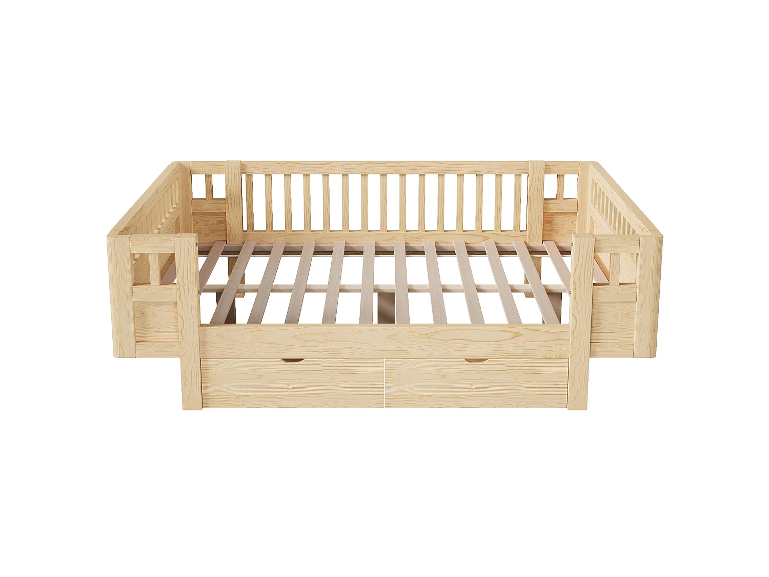 Lit enfant 140 x 200 cm avec barrière de sécurité haute et 2 grands tiroirs - MDF + pin - Bois naturel (Sans matelas)