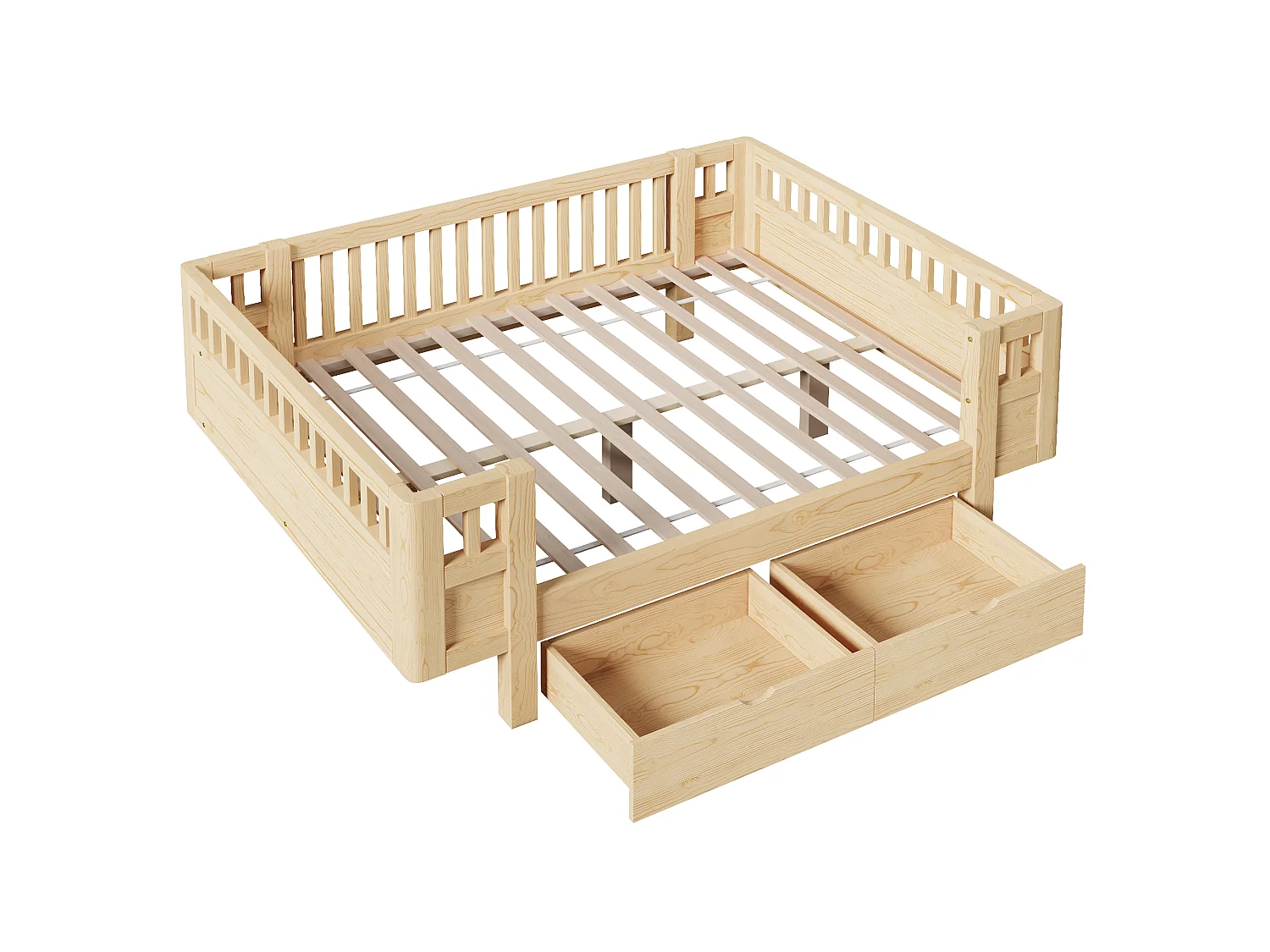 Lit enfant 140 x 200 cm avec barrière de sécurité haute et 2 grands tiroirs - MDF + pin - Bois naturel (Sans matelas)