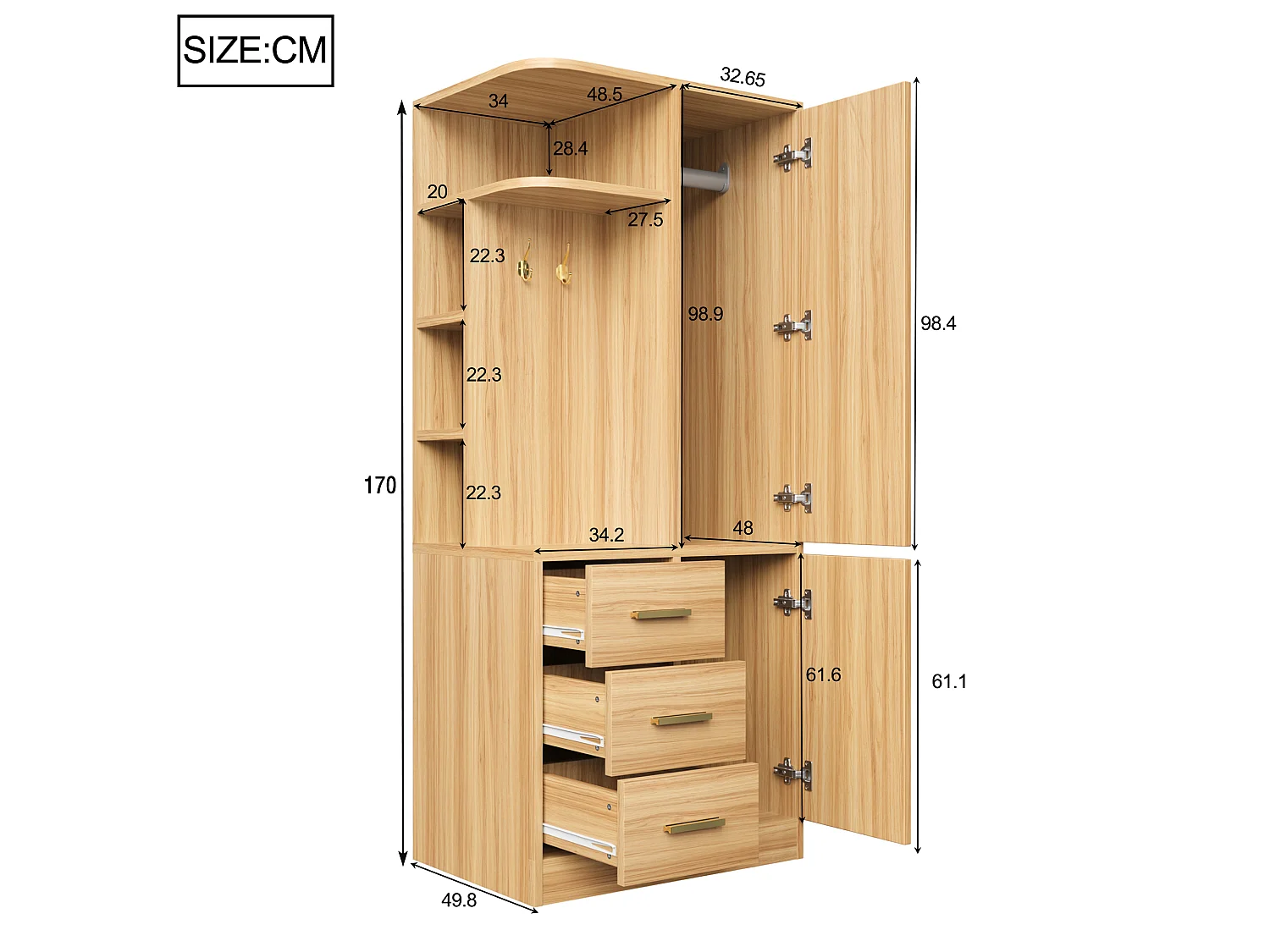 Zweitüriger Kleiderschrank mit Kleiderstange, Einlegeböden, 3 Schubladen und Haken – Holz, Metall, Sperrholz und MDF – 70 x 50 x 170 cm – Natur