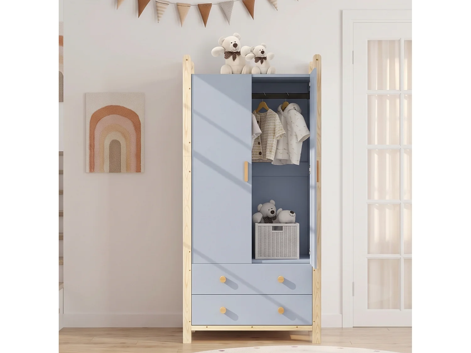 Armoire 2 portes avec penderie, étagère et 2 tiroirs - Bois massif et MDF - 90 x 45 x 180 cm - Bleu et bois naturel