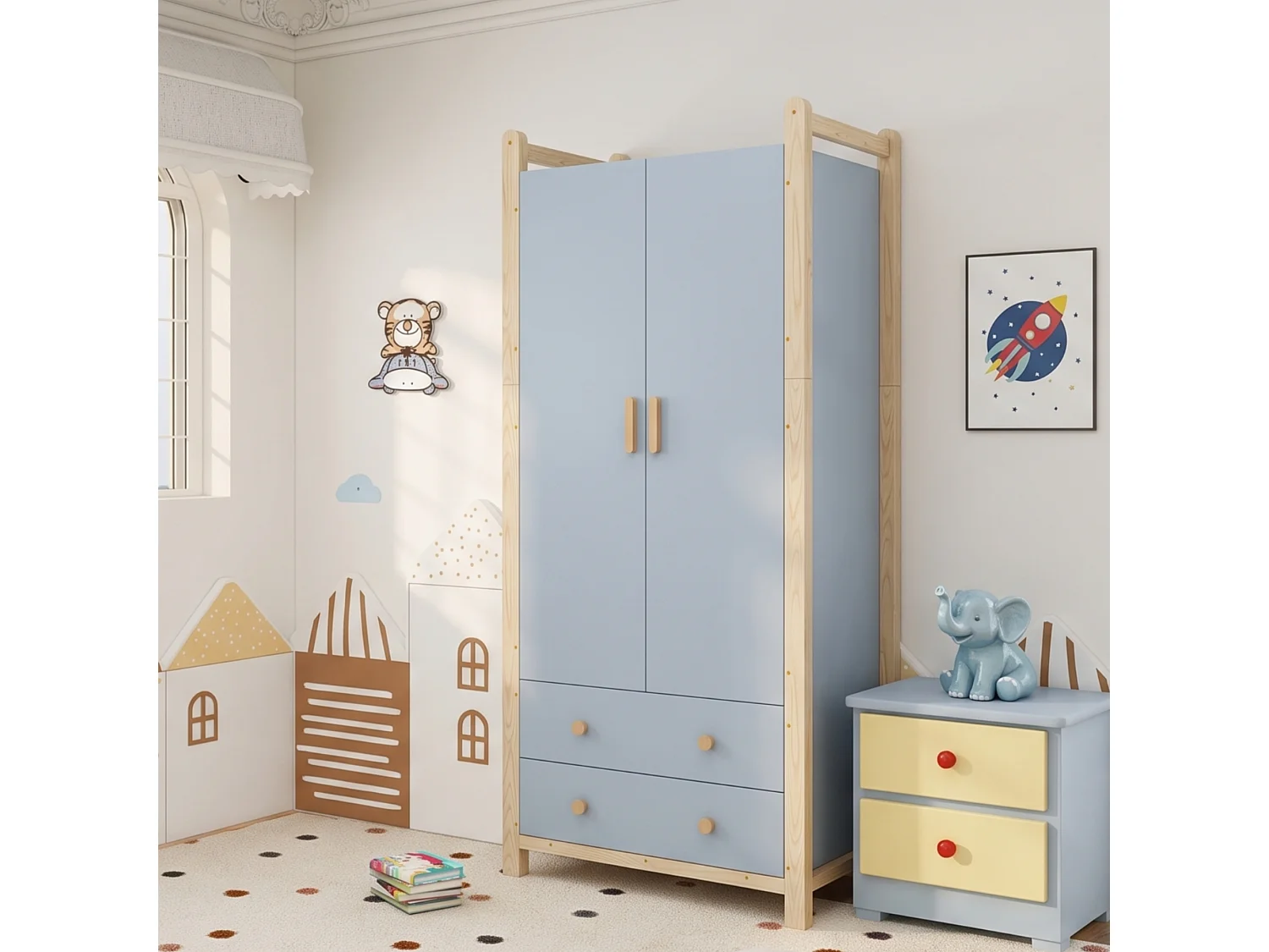 Armoire 2 portes avec penderie, étagère et 2 tiroirs - Bois massif et MDF - 90 x 45 x 180 cm - Bleu et bois naturel
