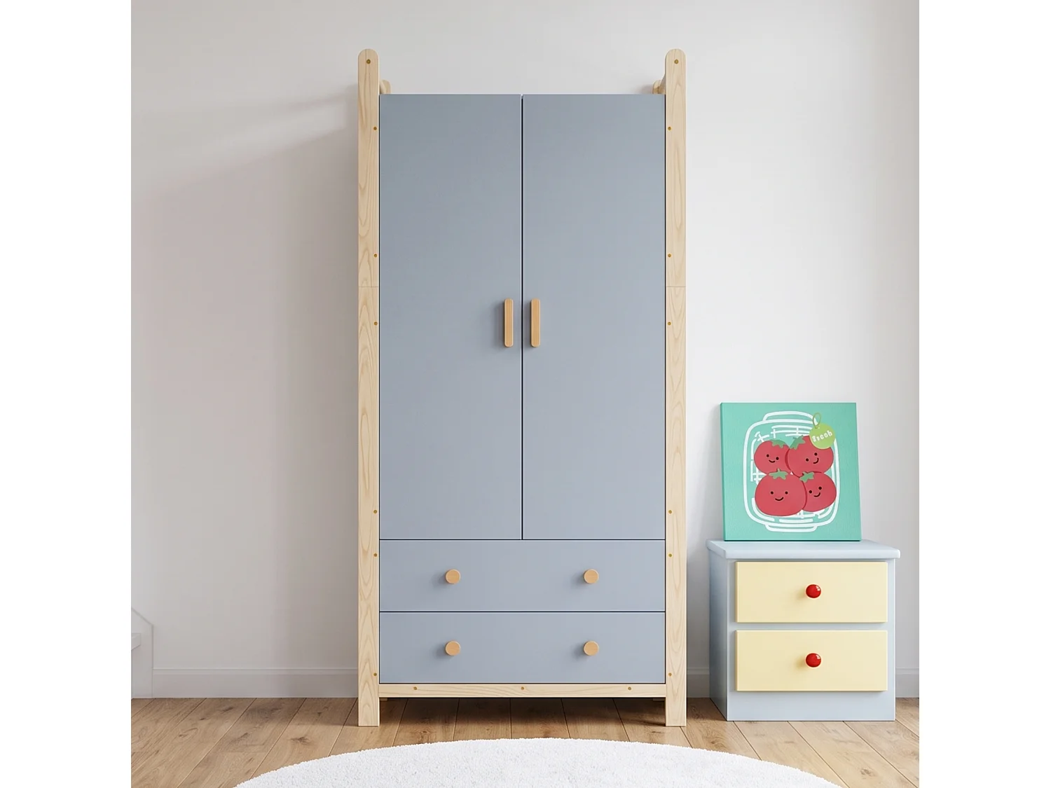 Armoire 2 portes avec penderie, étagère et 2 tiroirs - Bois massif et MDF - 90 x 45 x 180 cm - Bleu et bois naturel