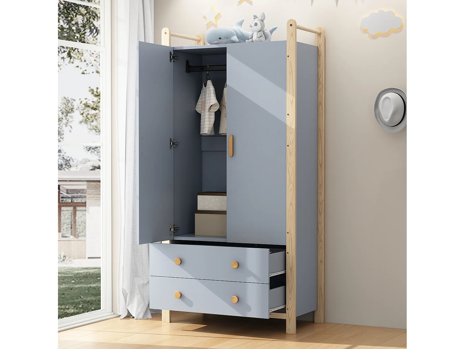 Armoire 2 portes avec penderie, étagère et 2 tiroirs - Bois massif et MDF - 90 x 45 x 180 cm - Bleu et bois naturel