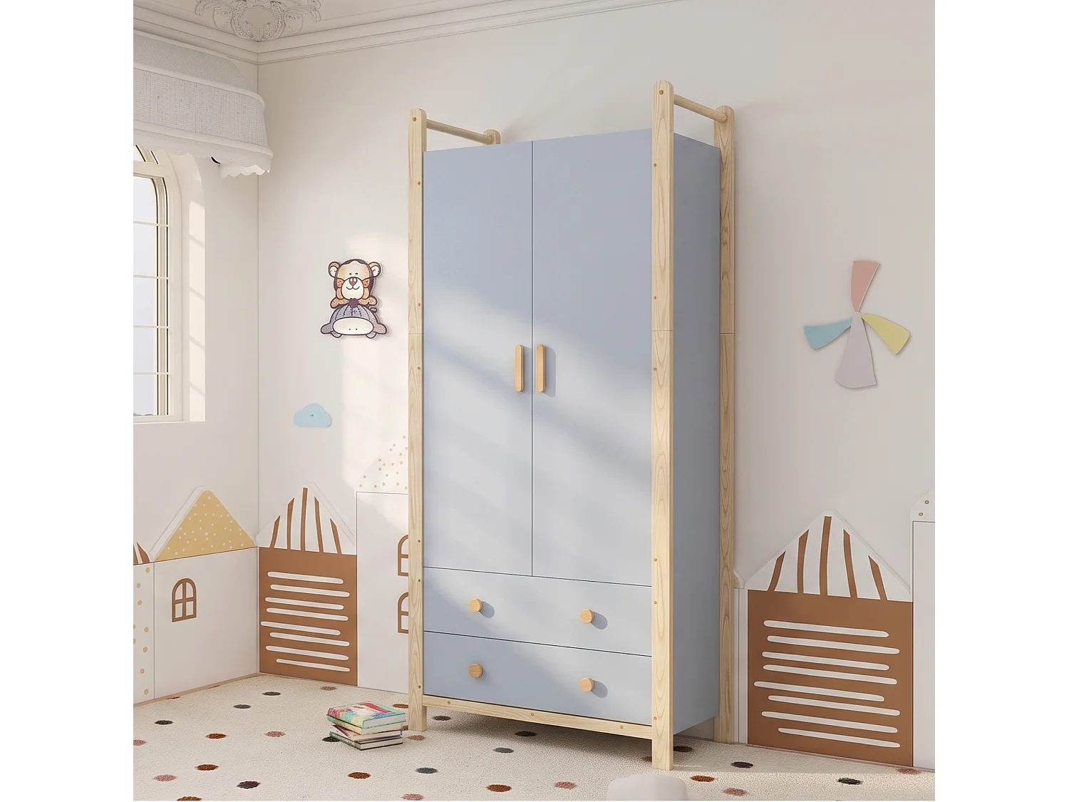 Armoire 2 portes avec penderie, étagère et 2 tiroirs - Bois massif et MDF - 90 x 45 x 180 cm - Bleu et bois naturel