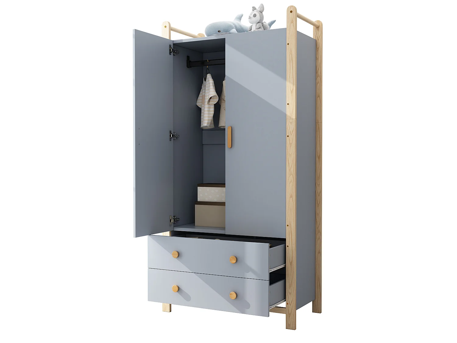 Armoire 2 portes avec penderie, étagère et 2 tiroirs - Bois massif et MDF - 90 x 45 x 180 cm - Bleu et bois naturel