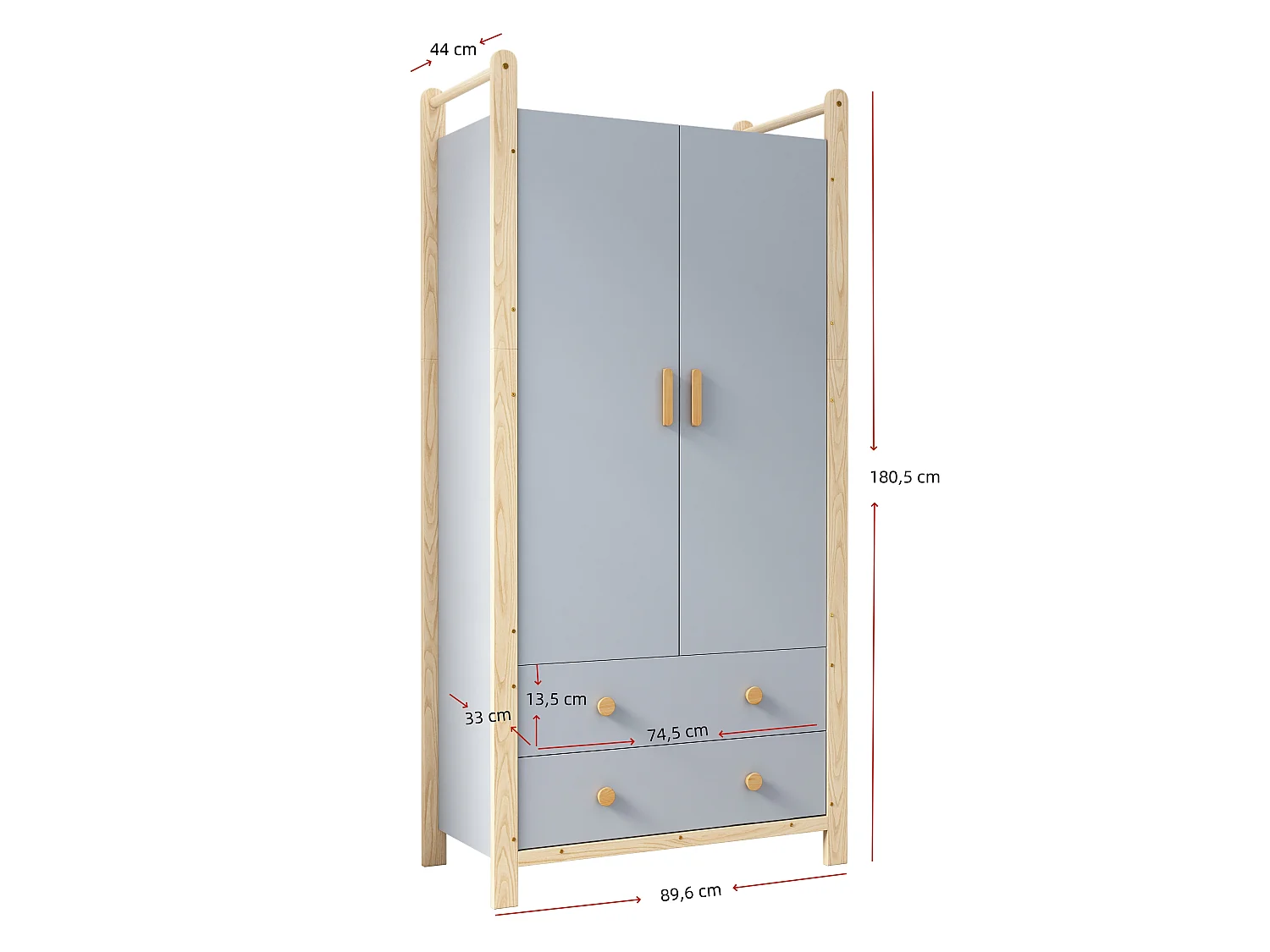 Armoire 2 portes avec penderie, étagère et 2 tiroirs - Bois massif et MDF - 90 x 45 x 180 cm - Bleu et bois naturel