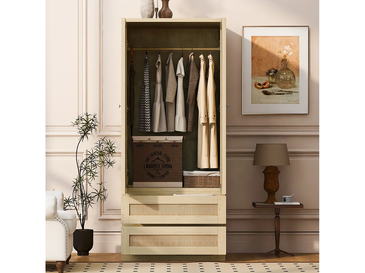 Armoire 2 portes avec 2 tiroirs, étagères et portes effet rotin - Bois, métal, contreplaqué et MDF - 70 x 55 x 170 cm - Naturel