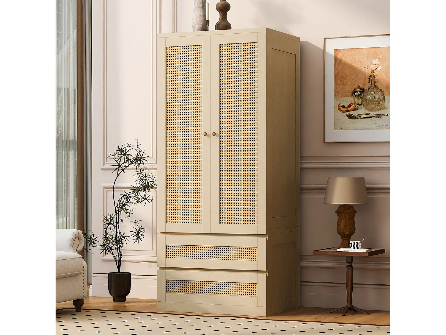 Armoire 2 portes avec 2 tiroirs, étagères et portes effet rotin - Bois, métal, contreplaqué et MDF - 70 x 55 x 170 cm - Naturel