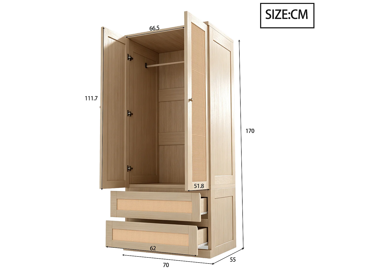 Armoire 2 portes avec 2 tiroirs, étagères et portes effet rotin - Bois, métal, contreplaqué et MDF - 70 x 55 x 170 cm - Naturel