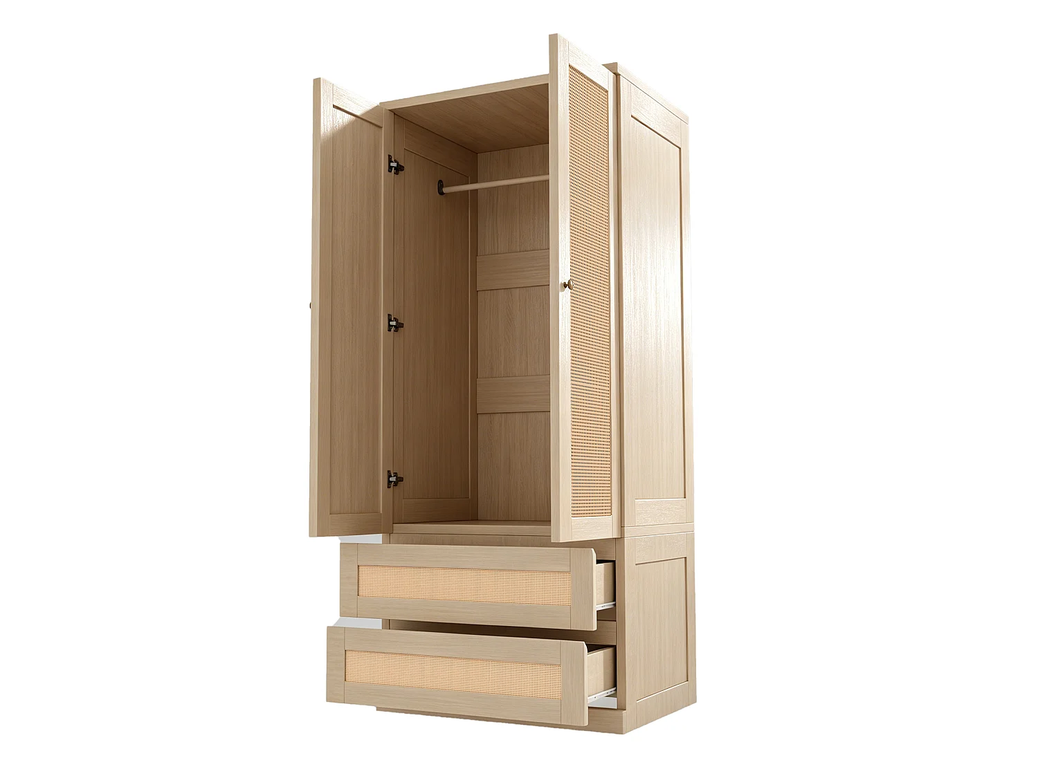 Armoire 2 portes avec 2 tiroirs, étagères et portes effet rotin - Bois, métal, contreplaqué et MDF - 70 x 55 x 170 cm - Naturel