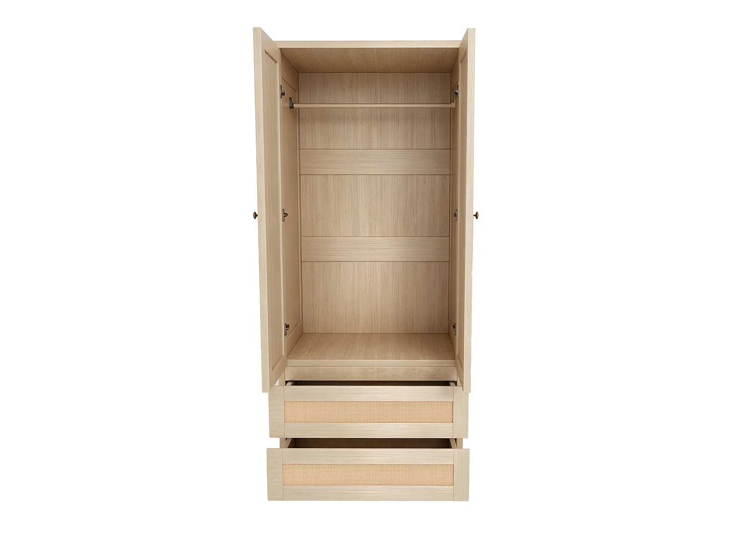 Armoire 2 portes avec 2 tiroirs, étagères et portes effet rotin - Bois, métal, contreplaqué et MDF - 70 x 55 x 170 cm - Naturel