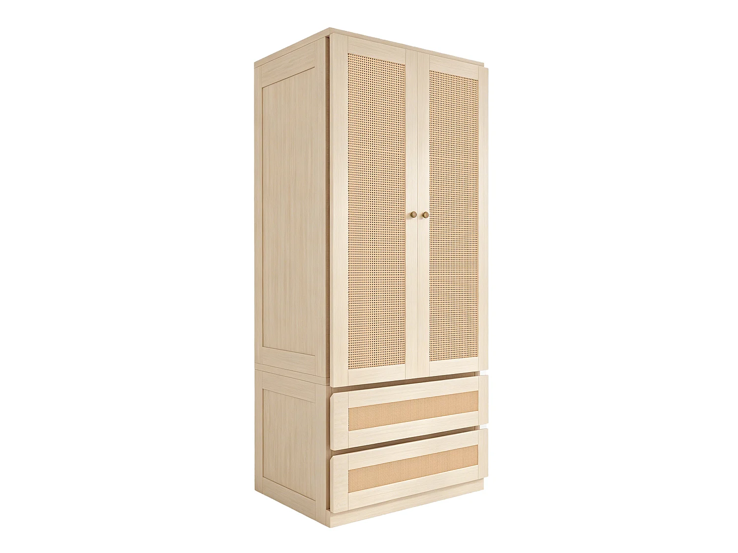Armoire 2 portes avec 2 tiroirs, étagères et portes effet rotin - Bois, métal, contreplaqué et MDF - 70 x 55 x 170 cm - Naturel